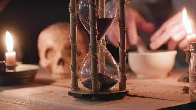 Apothecary Preparing Herbal Medicine with hourglass in foreground