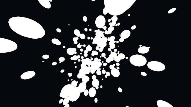 Explosion of White Dots: A dynamic burst of white elliptical shapes scattered across a stark black background, creating a sense of explosive energy and abstract motion.