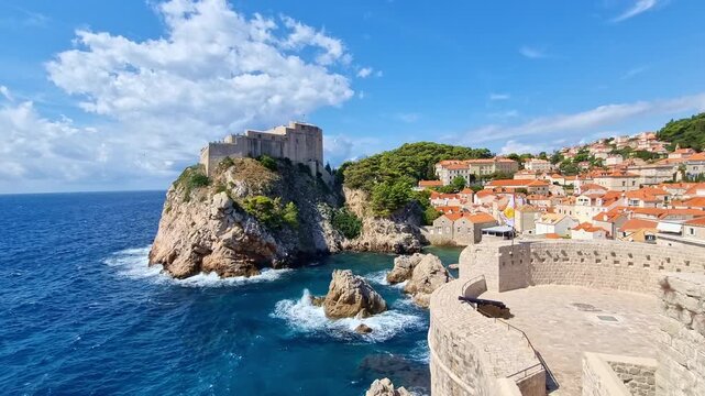 The historic Fort Lovrijenac on a rocky cliff and the blue Adriatic Sea in old town of Dubrovnik, Croatia, on a sunny day