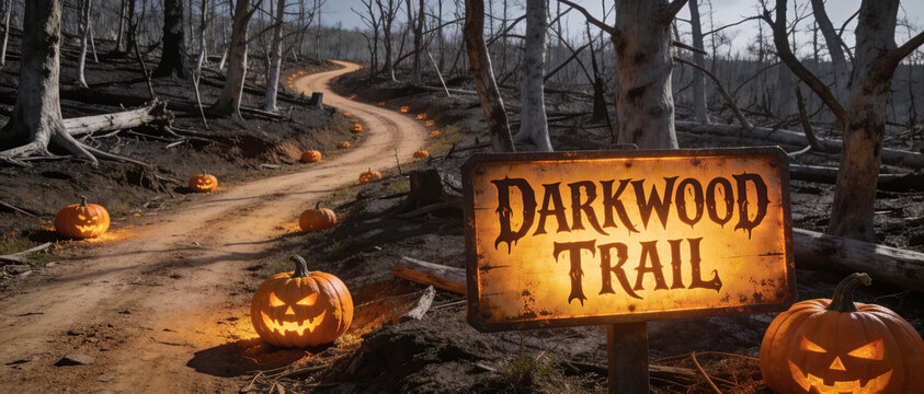 Spooky halloween pumpkin path, Glowing jack o lantern trail, Darkwood trail wooden sign, Creepy forest dirt road, Haunted autumn night landscape, Mysterious dark woods path, Eerie autumn scene.