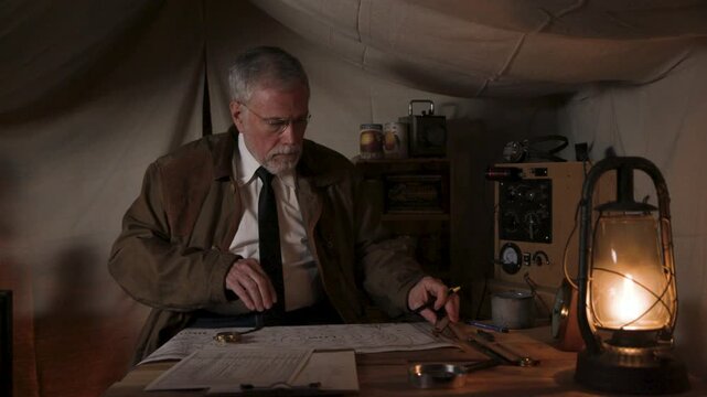 1930s weatherman in a tent marking info on a weather map