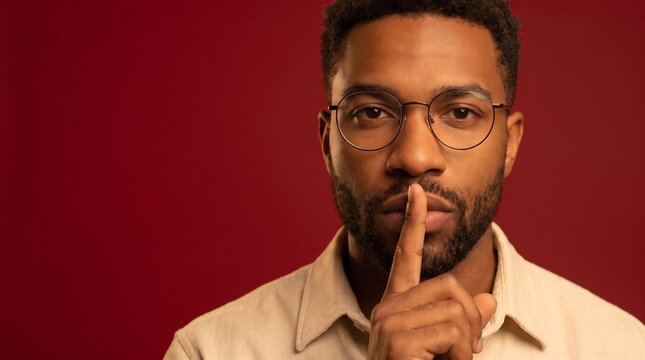 Man making shush gesture with finger on lips on red background
