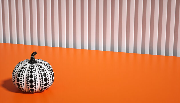 Polka Dot Pumpkin, Black White Spotted Gourd, Minimalist Halloween Decor, Contemporary Autumn Craft, Geometric Fall Ornament, Stylish Orange Table Interior, Minimal Seasonal Still Life.