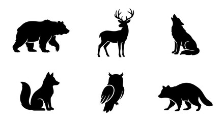Obraz premium Wild Forest Animals Silhouettes, Woodland Creatures Vector Icons, Nature Wildlife Graphics