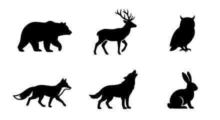 Obraz premium Forest Wildlife Silhouettes: Bear, Deer, Owl, Fox, Wolf, Rabbit Icons Set