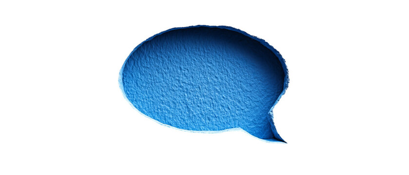 Blue textured speech bubble graphic, rimmed with white against a black background