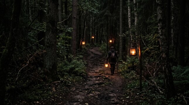Person walking on a dark forest path illuminated by lanterns at dusk
