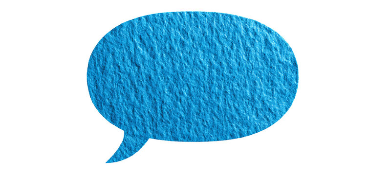 A textured, blue speech bubble floats against a black background