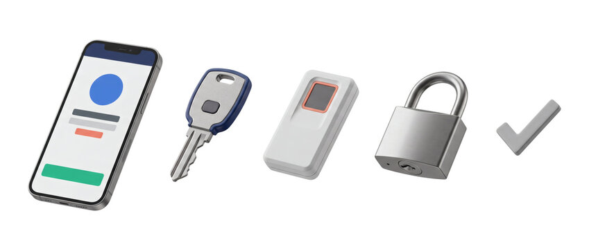 Realistic isolated product set of smartphone identity screen, electronic keys, access reader, padlock, and approval check on a transparent background, with clean spacing, with studio lighting.