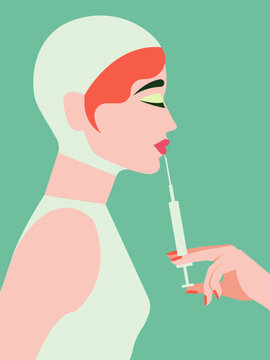 Hand Injecting Lip Filler into Woman&rsquo;s Lips, Aesthetic Beauty Treatment