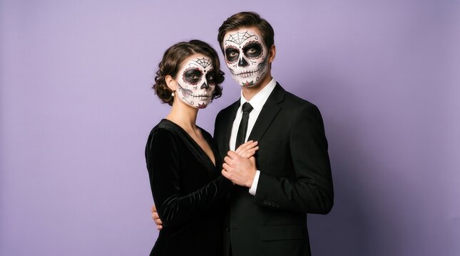 Couple in day of the dead makeup wearing formal attire against a purple background
