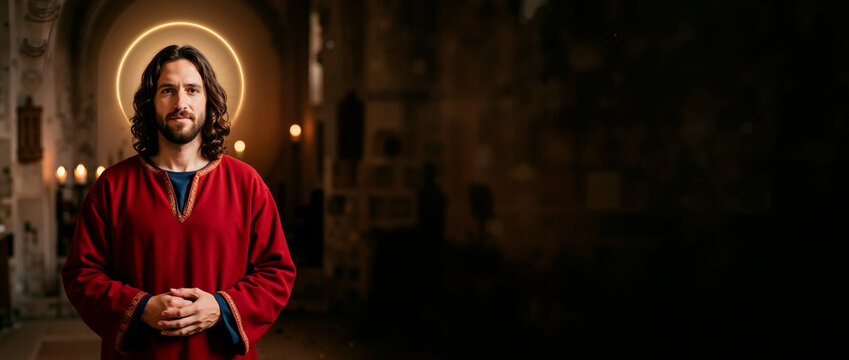 Portrait of Jesus Christ with a glowing halo in a dark church. Christ the King in a red robe with hands clasped. Biblical and religious banner with copy space