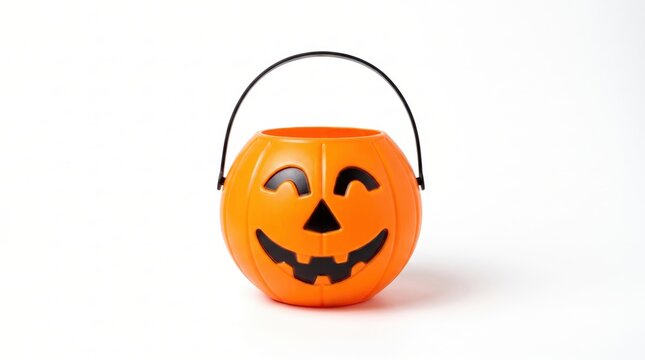 Orange plastic halloween pumpkin trick or treat candy bucket isolated on white background