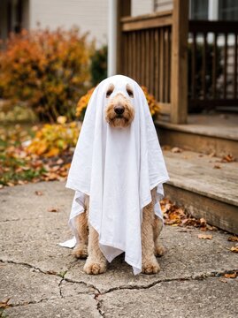 Cute goldendoodle dog wearing a ghost costume for halloween sitting on a porch