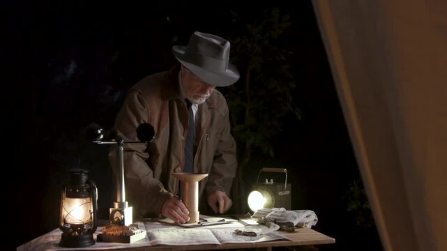 early meteorologist taking a measurement from a rain gauge