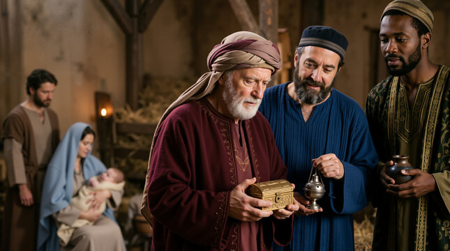 Three wise men presenting gifts of gold, frankincense, and myrrh in a stable. Biblical nativity scene with the Magi, Mary, Joseph, and baby Jesus. Epiphany and Christmas story concept