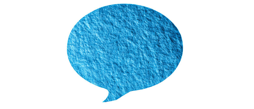 A blue, textured speech bubble against a black background. Suggests discussion or thought