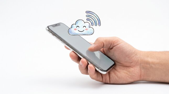Person holding a smartphone with a happy cloud icon and wifi signal symbol above it