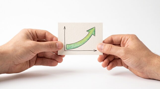 Hands holding a card with a green upward trending graph and arrow symbolizing growth and success