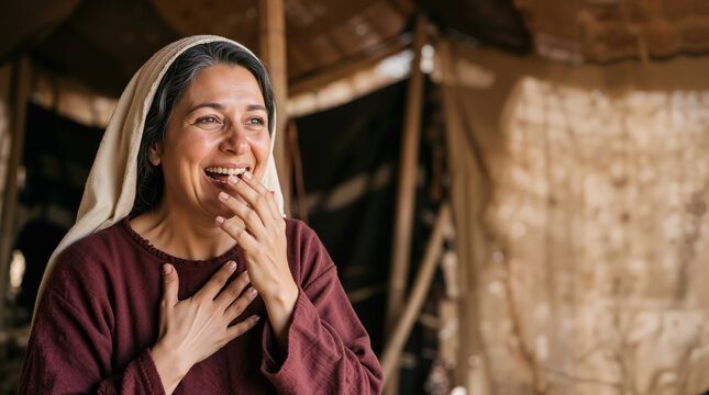 Middle-aged woman laughing with astonishment in an ancient tent. Biblical Sarah receiving the promise of a child. Joyful expression with tears of happiness and hand on chest