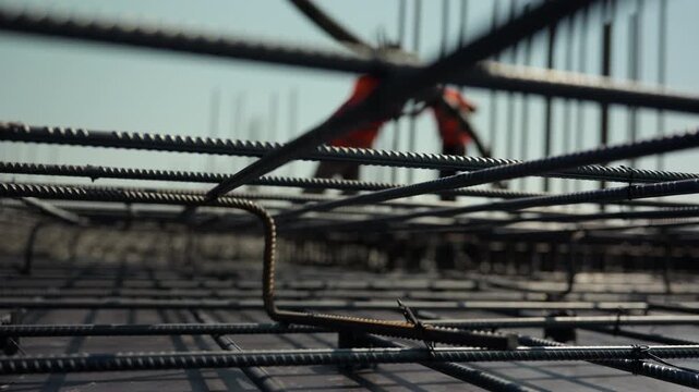Inside view of steel reinforcement cage at construction site