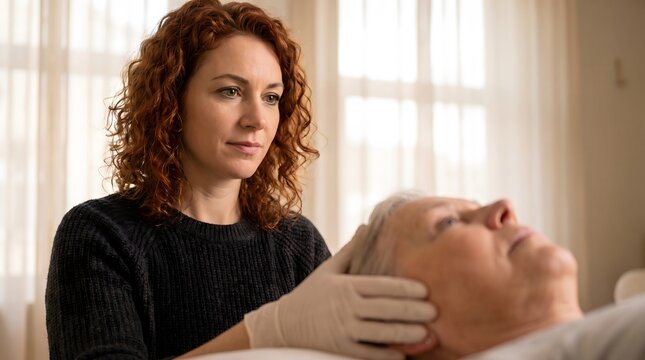 Female therapist conducting head and neck treatment on senior