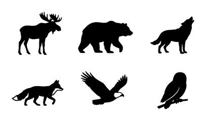 Obraz premium Wild Animal Silhouettes: Moose, Bear, Wolf, Fox, Eagle, Owl Vector Icons for Nature and Wildlife Designs