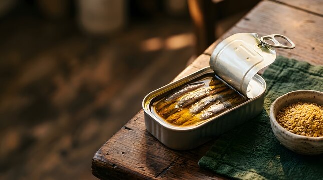 Open Tin Can of Gourmet Sardines Preserved in Olive Oil on Rustic Wooden Table in Warm Morning Sunlight