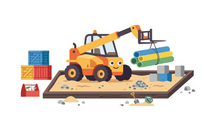 Naklejka premium A cute cartoon telehandler holds colorful pipes at a construction site with tools, crates, and blocks nearby.