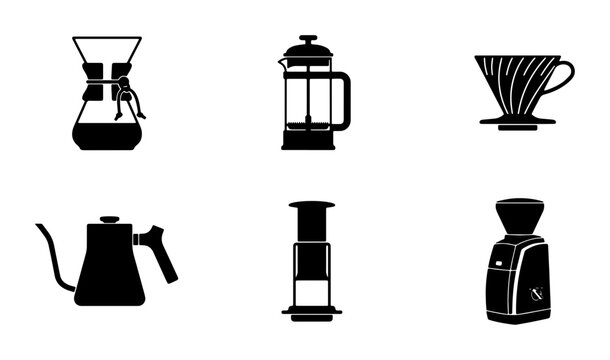 6 Coffee Brewing Icons: Pour Over, French Press, Aeropress, Grinder, Kettle, Chemex