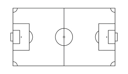 Top-down view of a soccer field diagram with black lines on a white background, featuring penalty areas and circles © SOFOL