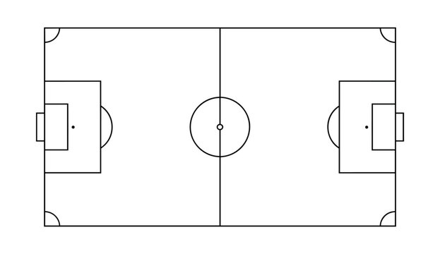 Top-down view of a soccer field diagram with black lines on a white background, featuring penalty areas and circles
