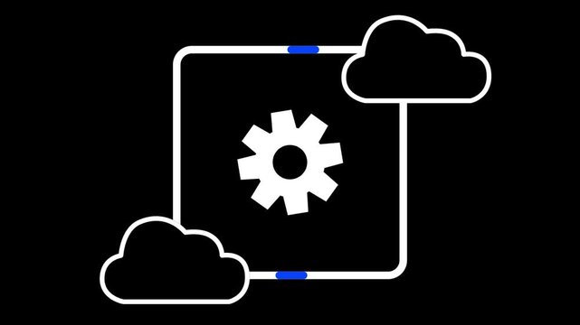 Animated white cloud computing icon with rotating gear on black background. Perfect for cloud storage, online sync, and data processing configuration.