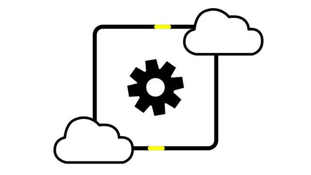Animated black cloud computing icon with rotating gear on white background. Perfect for cloud storage, online sync, and data processing configuration.