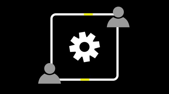 Animated user network icon with rotating gear on black background. Ideal for team management, collaboration settings, and admin configuration.