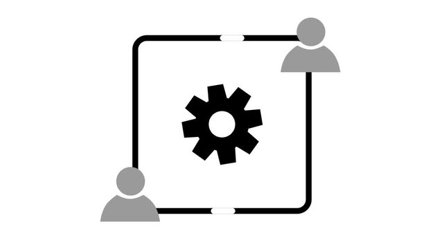 Animated user network icon with rotating gear on white background. Ideal for team management, collaboration settings, and admin configuration.