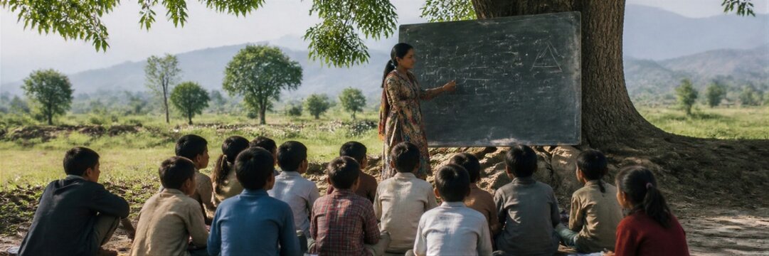 Children studying in outdoor classroom under tree with slate board. Documentary style learning in nature. Informal education concept for school and childhood development.