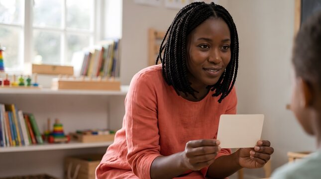 Teacher holding flashcard while educating child in classroom
