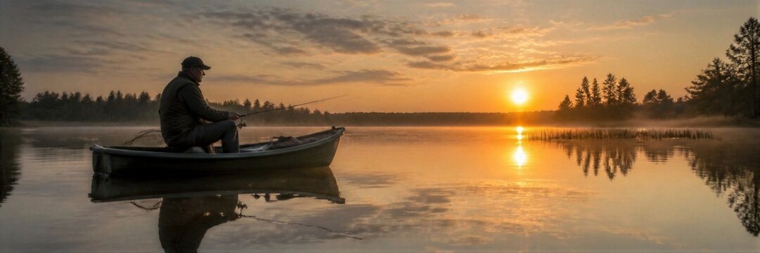 Senior man fishing from boat on calm misty lake at sunrise. Solitude and peaceful outdoor hobby in nature.