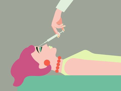Hand Injecting Cosmetic Filler into Woman&rsquo;s Forehead, Aesthetic Beauty Treatment