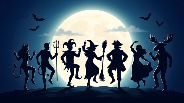Halloween character silhouettes dance under a large full moon during a spooky night celebration.