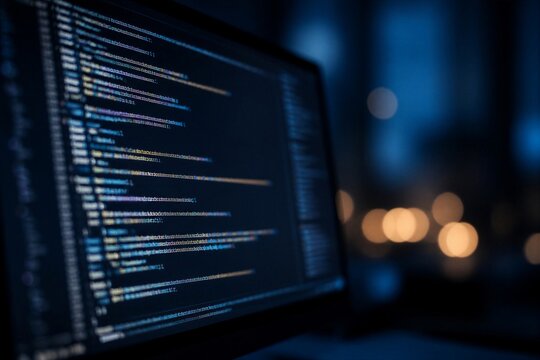 Computer screen with program code in dark room. Software development and programming concept. Source code on monitor with bokeh lights.