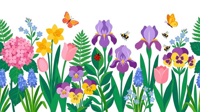 Flower garden border illustration includes blooming irises, tulips, hydrangeas, bees, and butterflies.