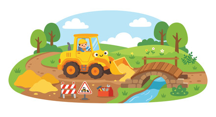 Fototapeta premium A cute cartoon driver operates a yellow excavator near a wooden bridge in a scenic countryside landscape under a sunny sky.