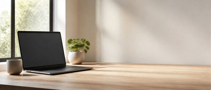 Laptop with blank screen on wooden desk near window in bright home office. Cozy workspace with ceramic cup and green plant in pot.