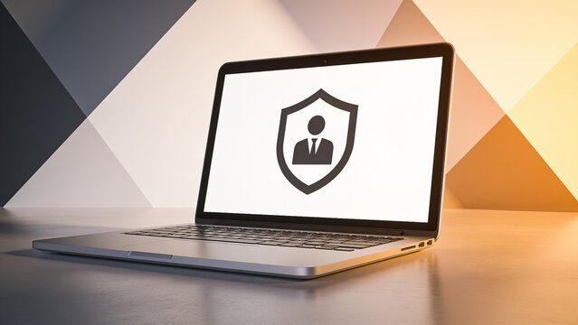 Data privacy and personal security concept featuring a laptop displaying a person shield icon against an abstract geometric background