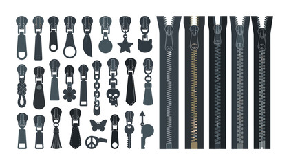 Clothing zipper pulls and metal zip fasteners vector icon set with skull star tassel and geometric shapes © mdhaider