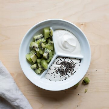A healthy breakfast bowl divided into sections with kiwi fruit yogurt and chia seeds