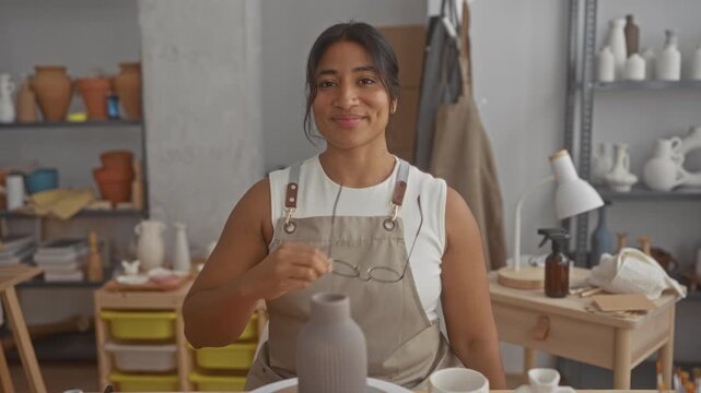 Woman holding eyeglasses by hand in pottery studio wearing apron beside clay pots and tools on shelves and table; creative joy.