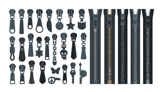 Clothing zipper pulls and metal zip fasteners vector icon set with skull star tassel and geometric shapes